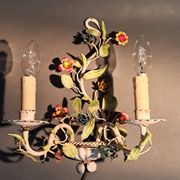 Two-light polychrome painted wrought iron wall lights, Italy 1950/1960.