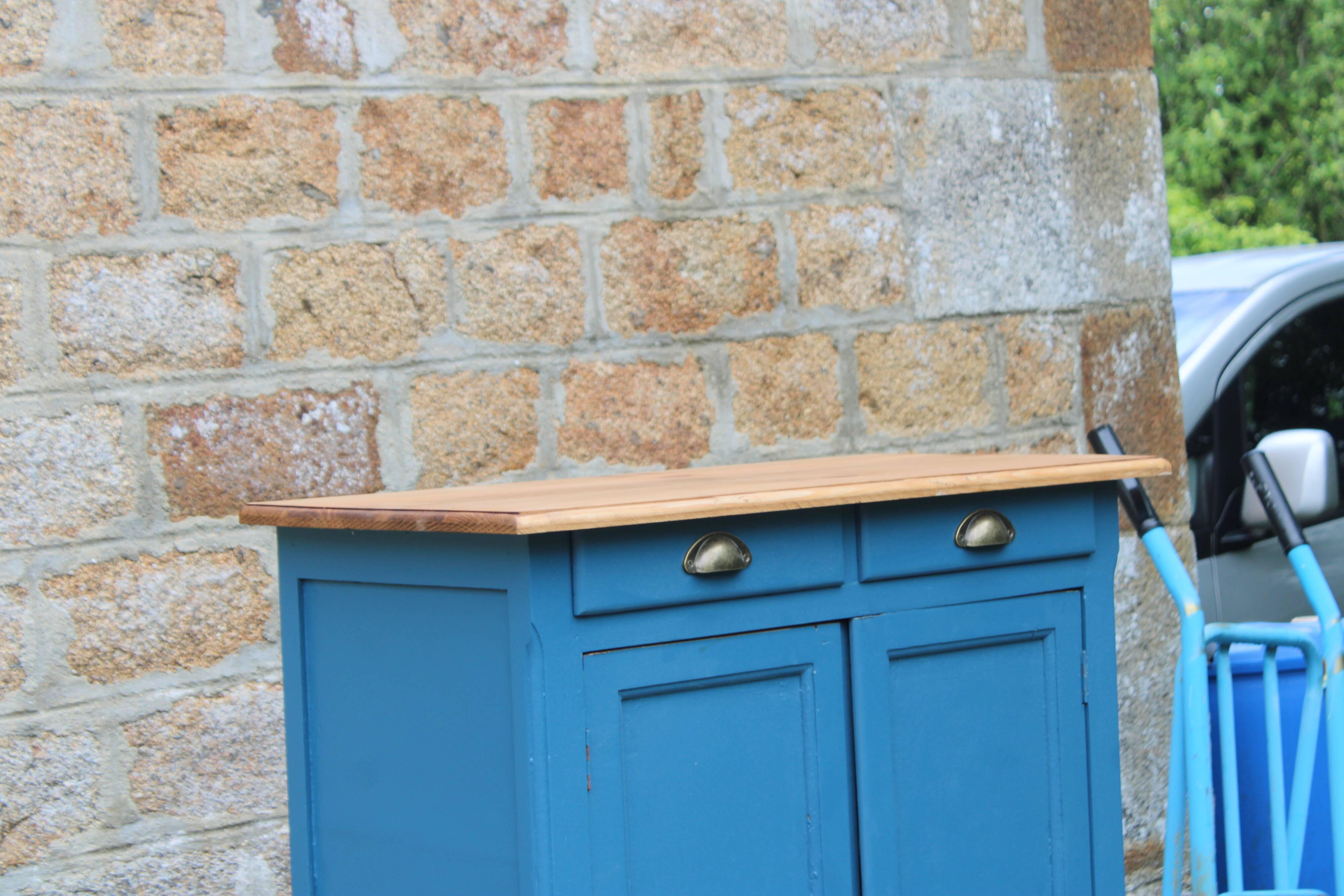 Vintage deep blue Parisian sideboard & natural wood top