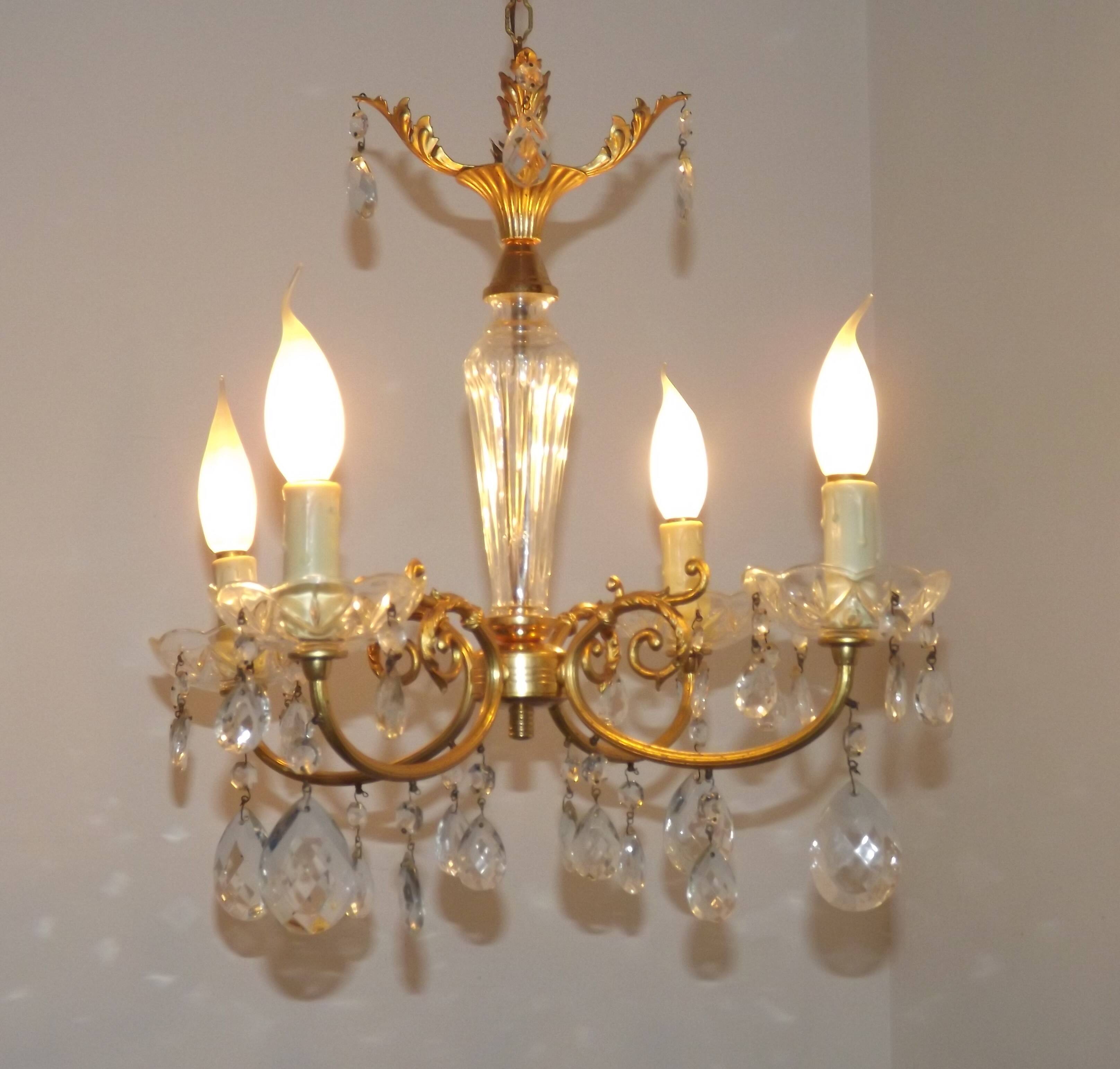 Mid-century brass, glass, and crystal chandelier with 4 lights 5099