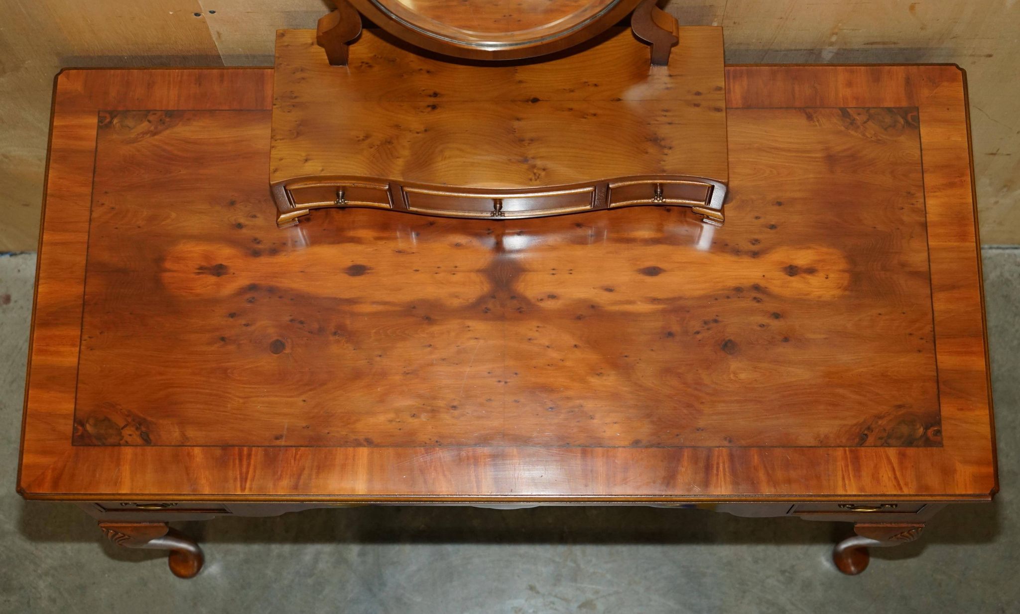 Vintage English walnut burr dressing table with mirror and chair.