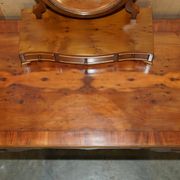 Vintage English walnut burr dressing table with mirror and chair.