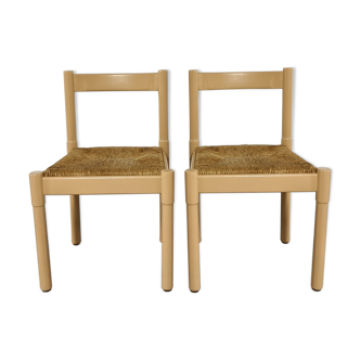 Pair of chairs Vico Magistretti model Carimate wood and straw bauche 1960's