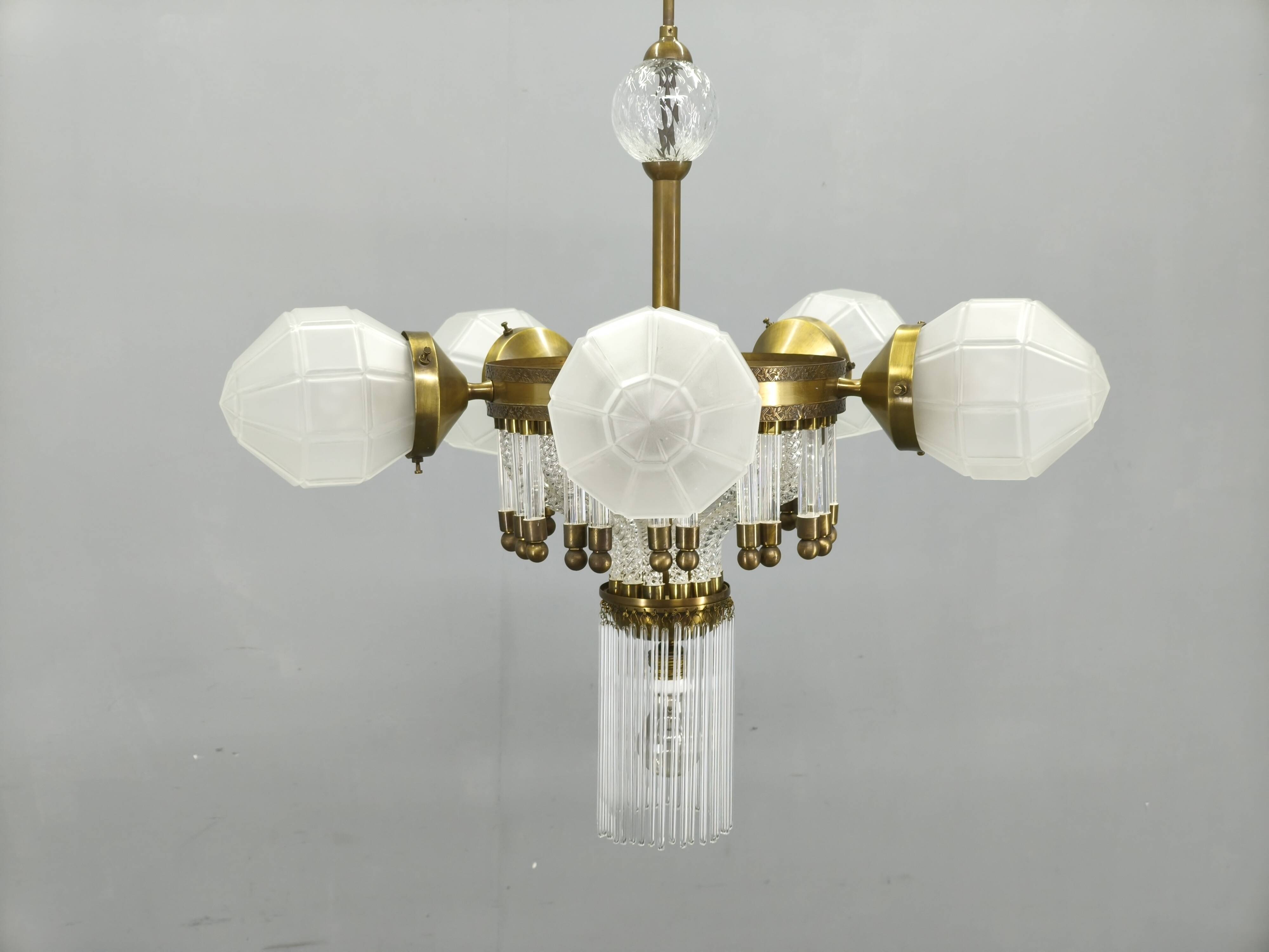 Czech Art Deco Brass and Glass Chandelier, 1950s