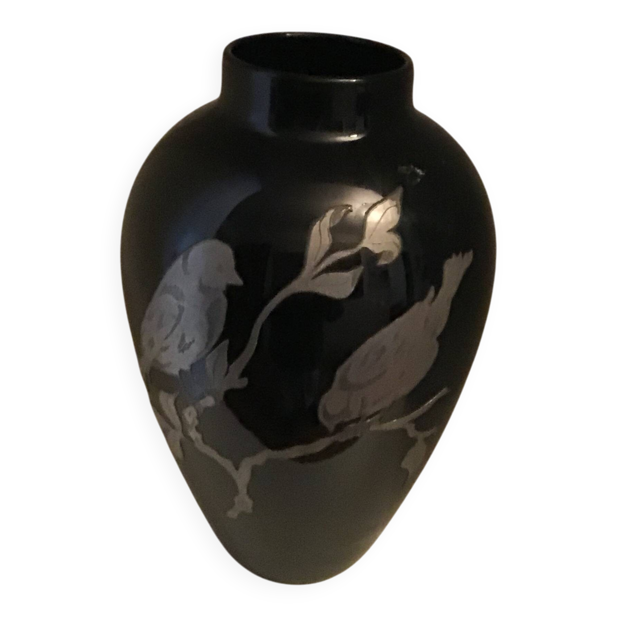 Black opaline vase with pewter branch and birds