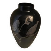 Black opaline vase with pewter branch and birds