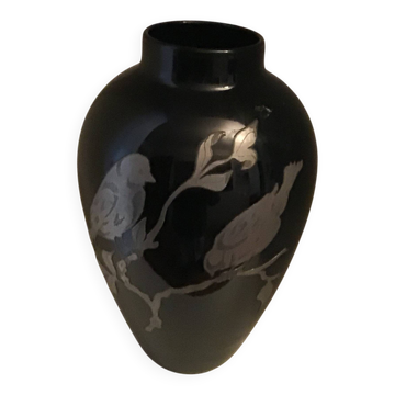 Black opaline vase with pewter branch and birds