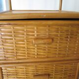 Storage column, bookcase in wood and woven rattan
