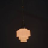 Art Deco Brass Pendant with Geometric Opaline Glass, Czechoslovakia 1930s