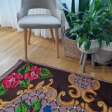 Boho chic Romanian carpet made by hand in wool, floral boho, lavender background with pink flowers 146x186cm