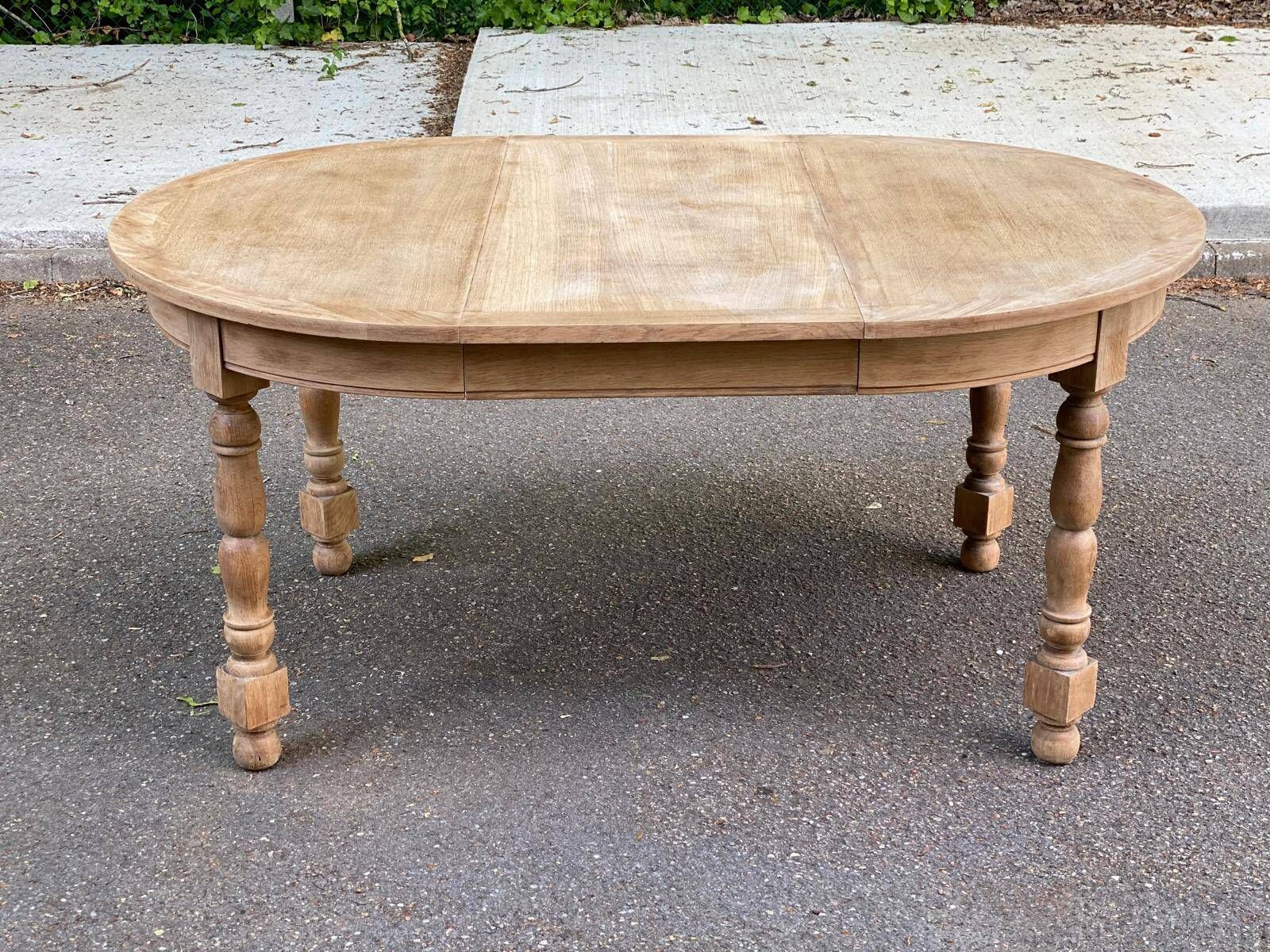 Extendable round farmhouse dining table renovated in raw oak 160cm 20th century