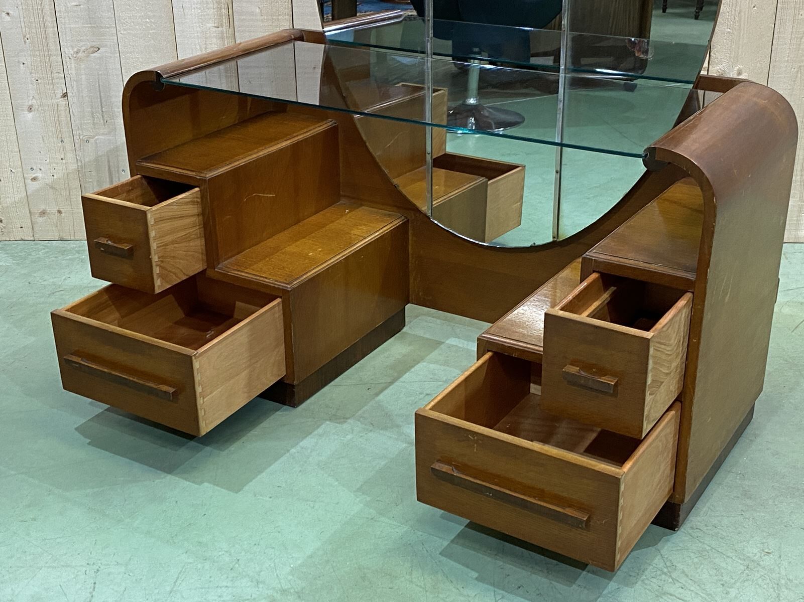 English art deco hairdresser in oak and walnut