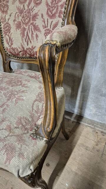 Vintage Louis XV style carved armchair with floral upholstery, 20th century, 90 × 58 cm