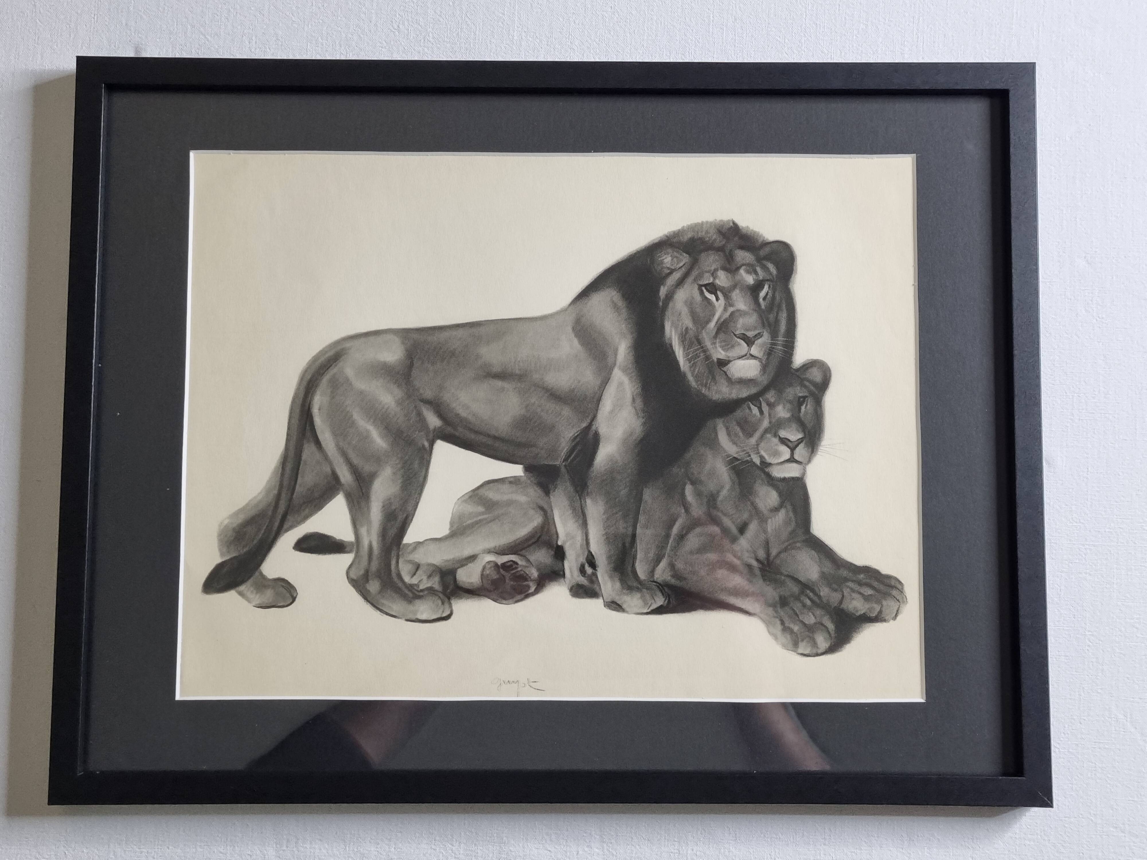 Print after Gorges Guyot, "couple of Lions", 1937, framed, 41 x 32 cm