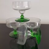 Set of 4 champagne glasses on green legs, 1960s