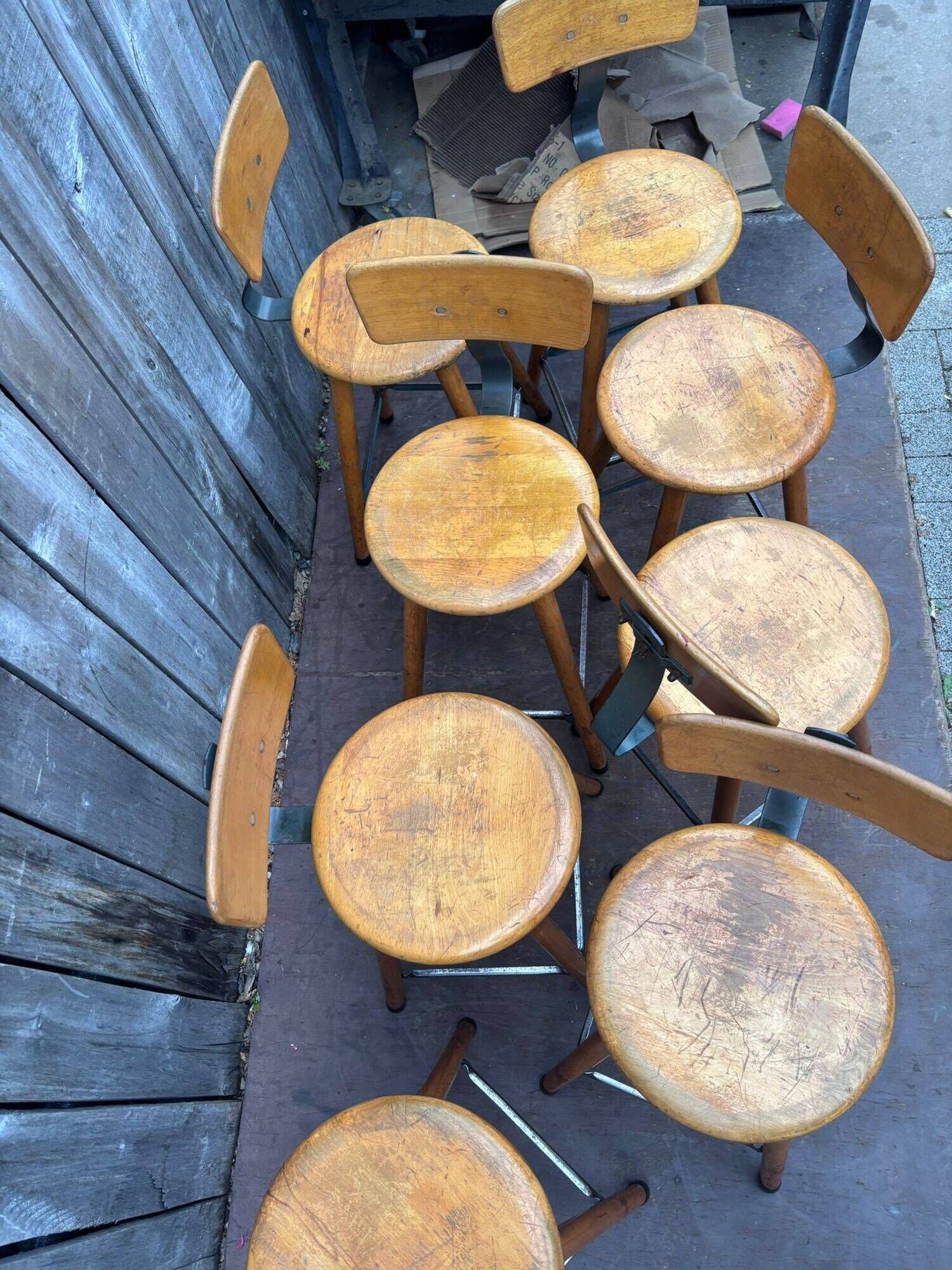 Vintage industrial workshop stool in wood, 1950s