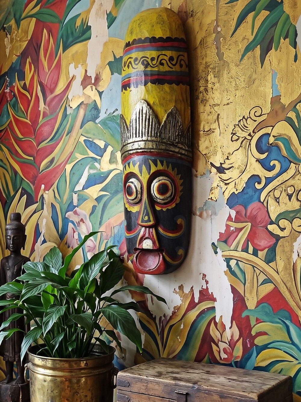 Large Balinese mask carved and hand-painted in wood, Indonesia, 1970s.