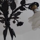 Chandelier with wrought iron and glass rose patterns