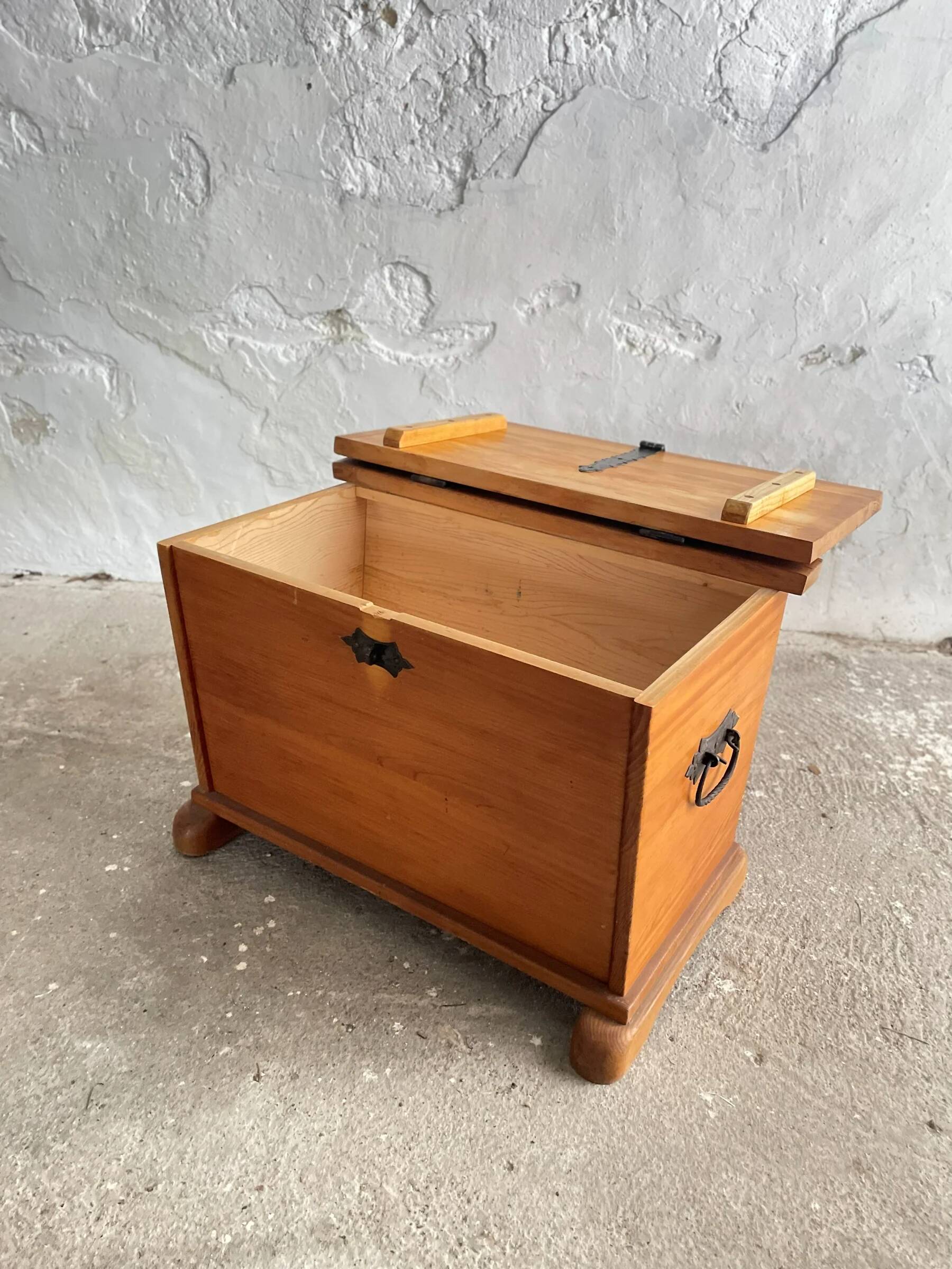 Swiss solid pine chest with wrought iron fittings, mid-20th century.