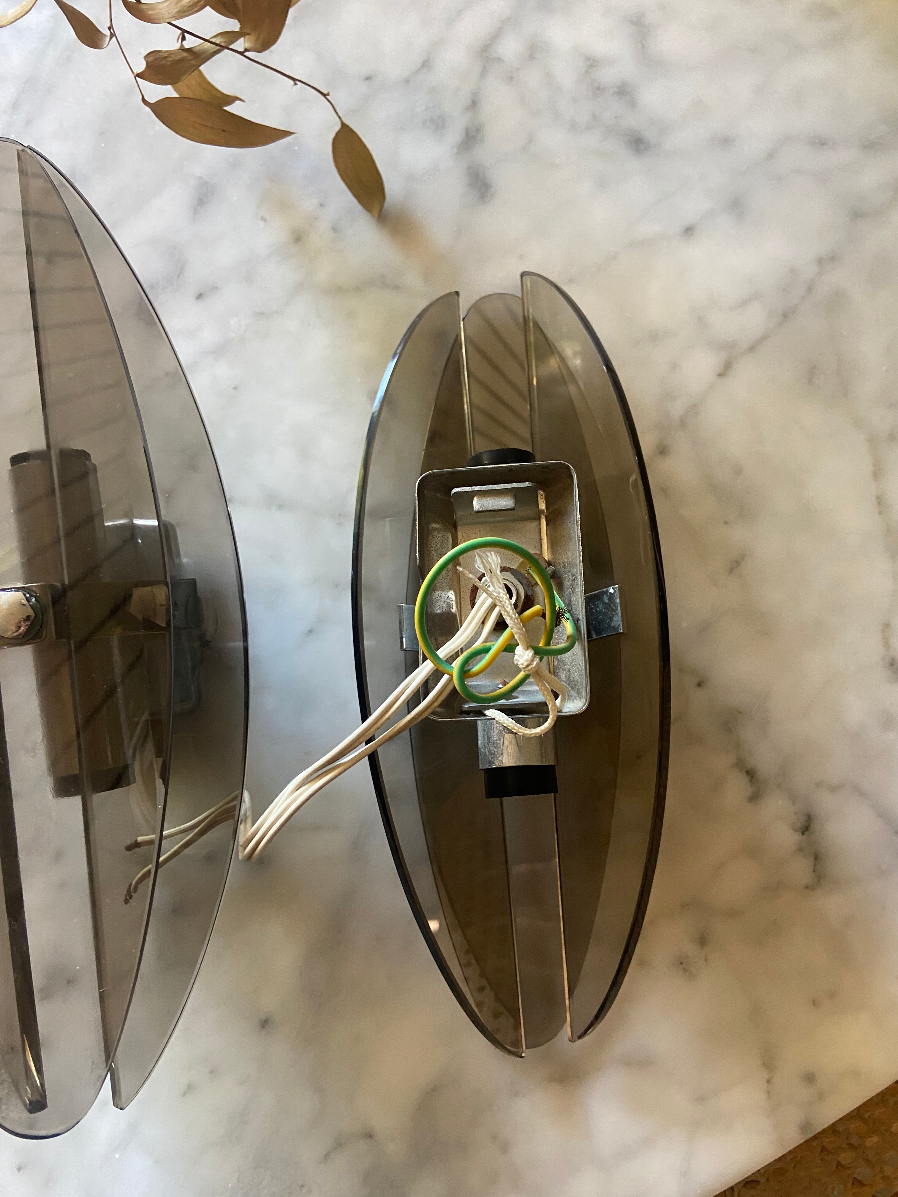 Pair of 70s smoked glass wall lamps