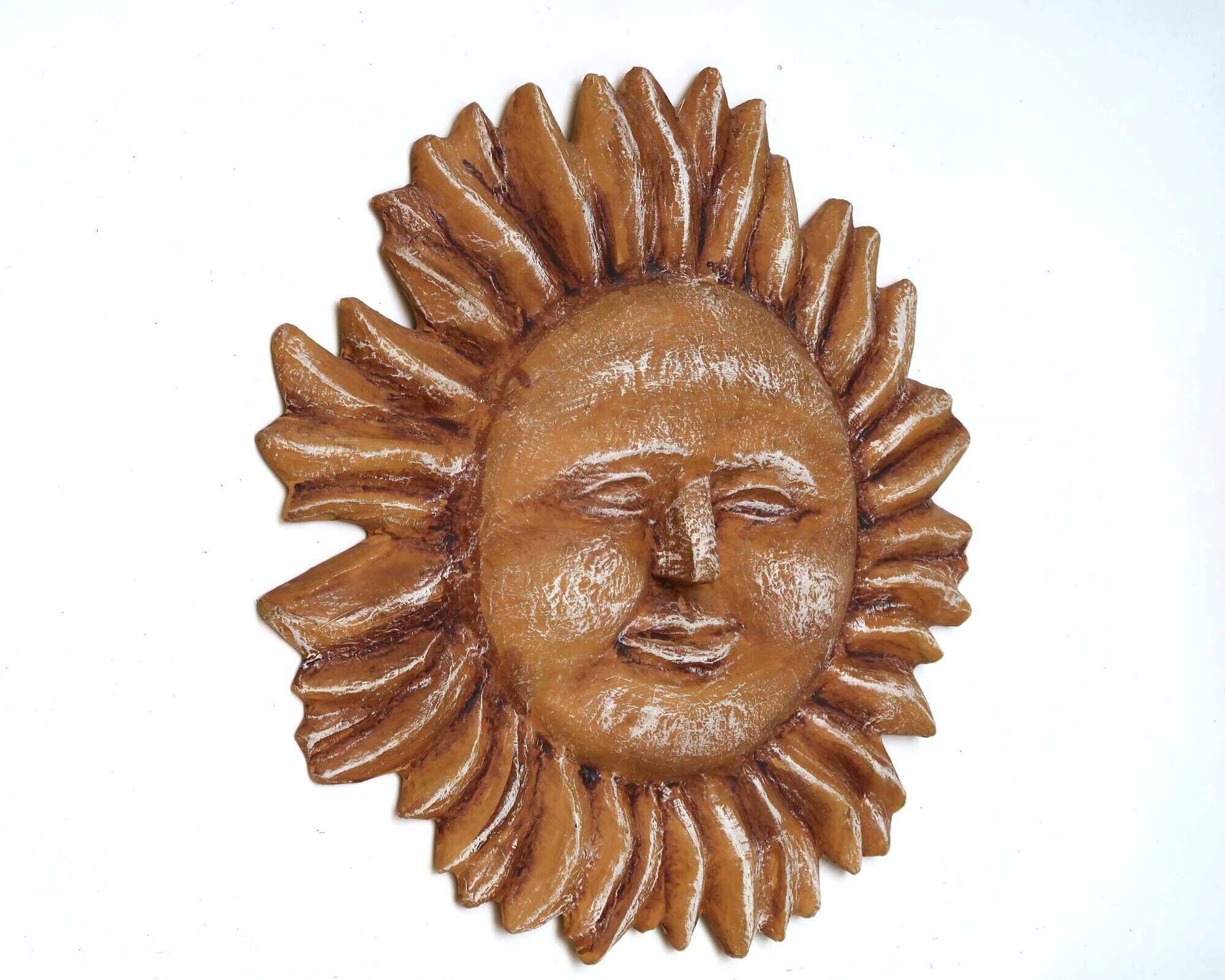 Large yellow-orange sun wall decoration made of papier-mâché, Mexico 1980s.