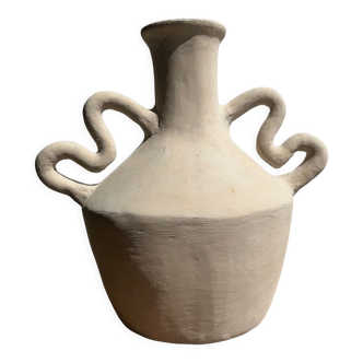 Handmade terracotta vase painted in beige with double twisted handles H:28 D:32