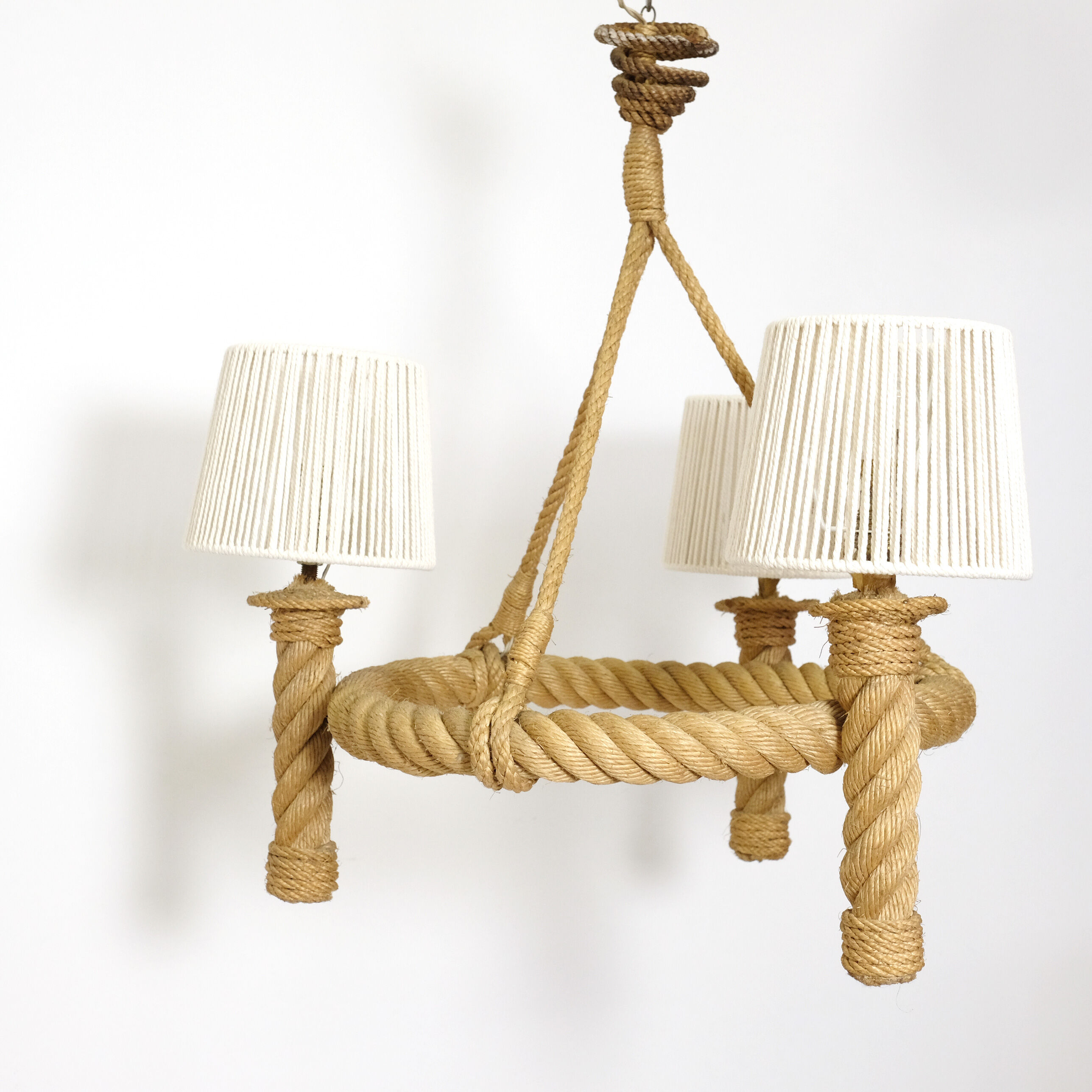 Three-light braided rope pendant light, 1950-1960.