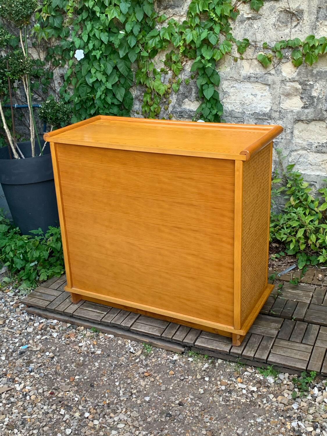 Chest of drawers and bedside table in rattan cane and oak, vintage 1970s