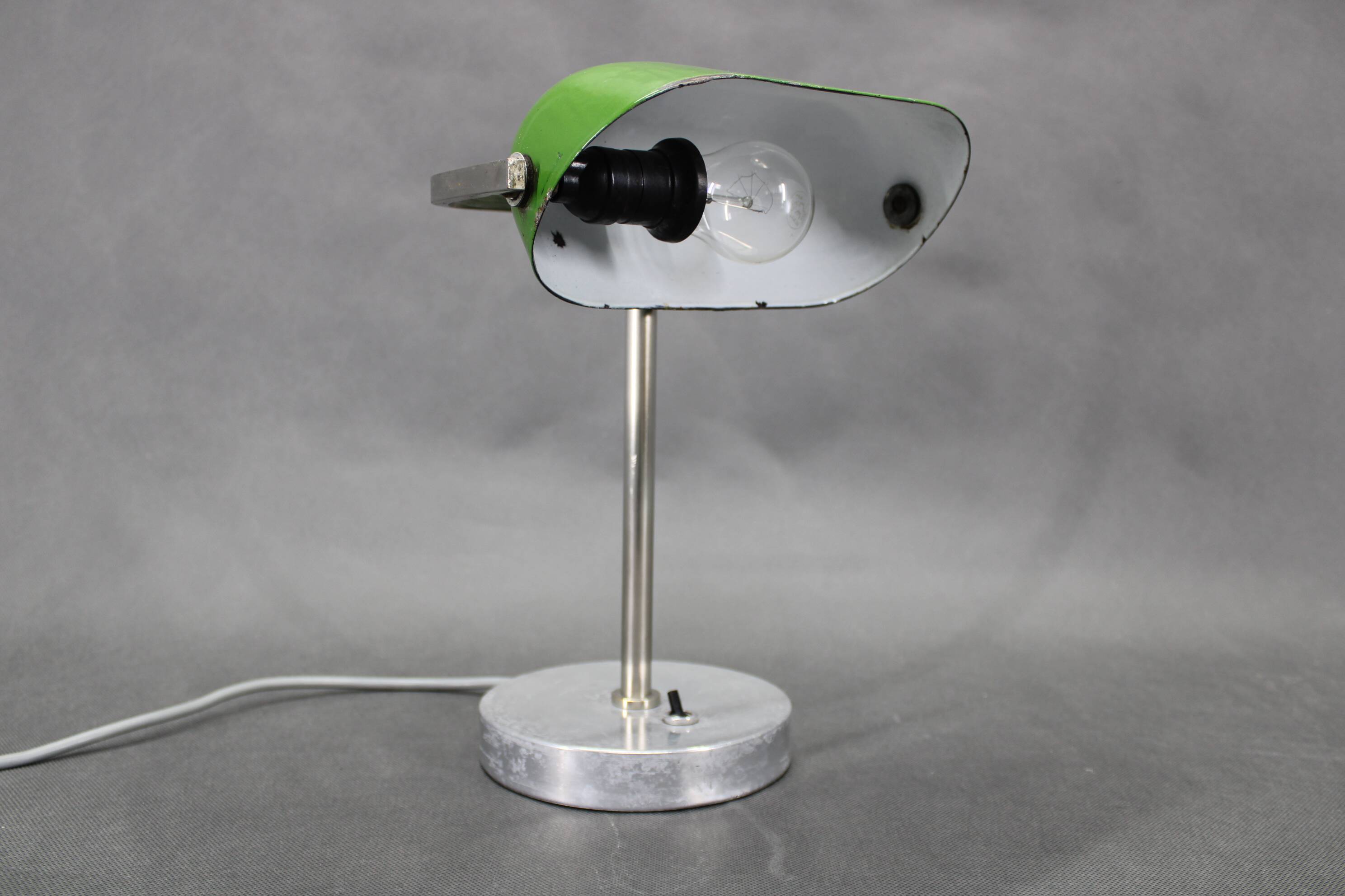 1940s Art Deco Nickel Banker Table Lamp, Czechoslovakia