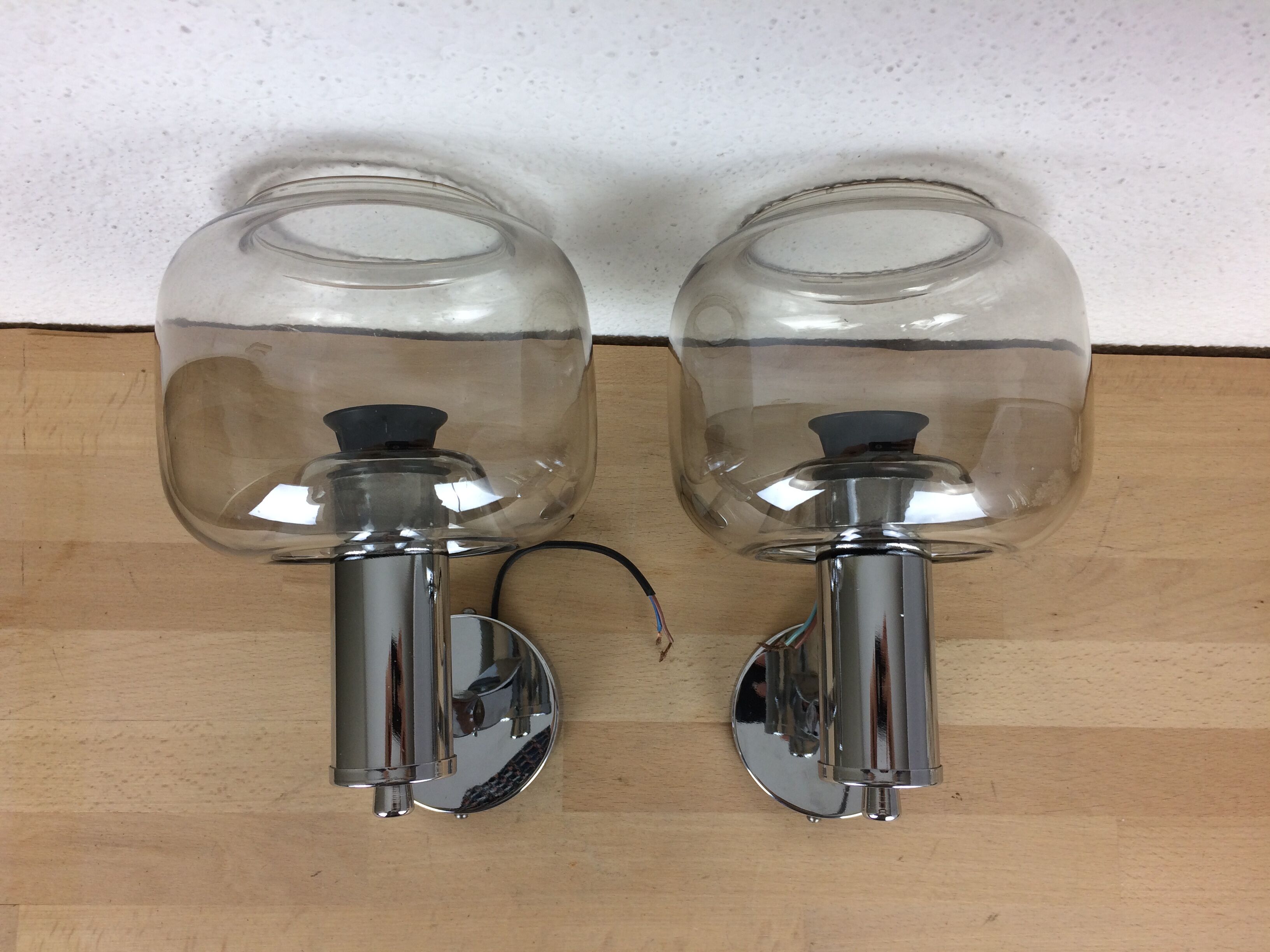Pair of chrome sconces and smoked glass space age, 70s