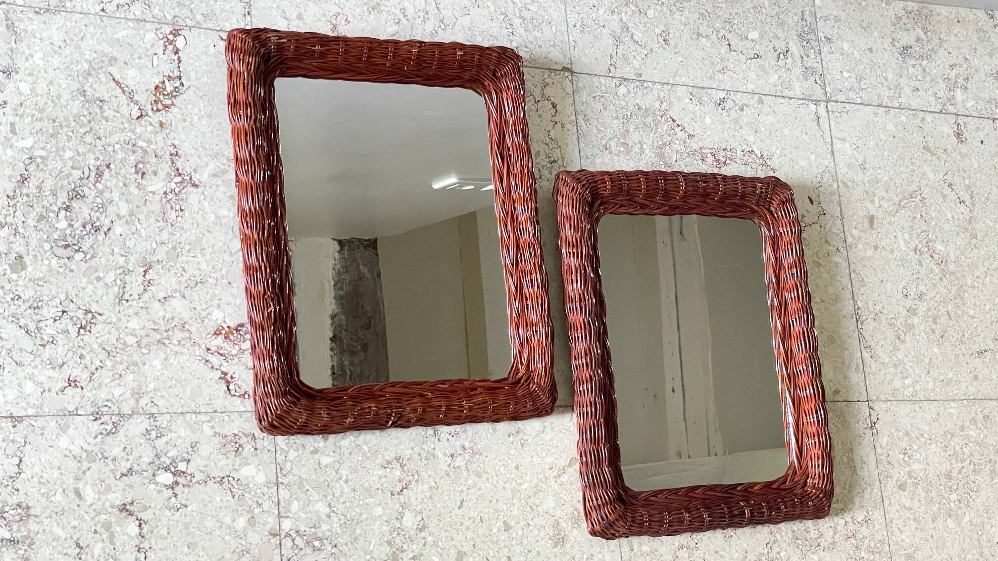 Pair of vintage rattan wicker mirrors