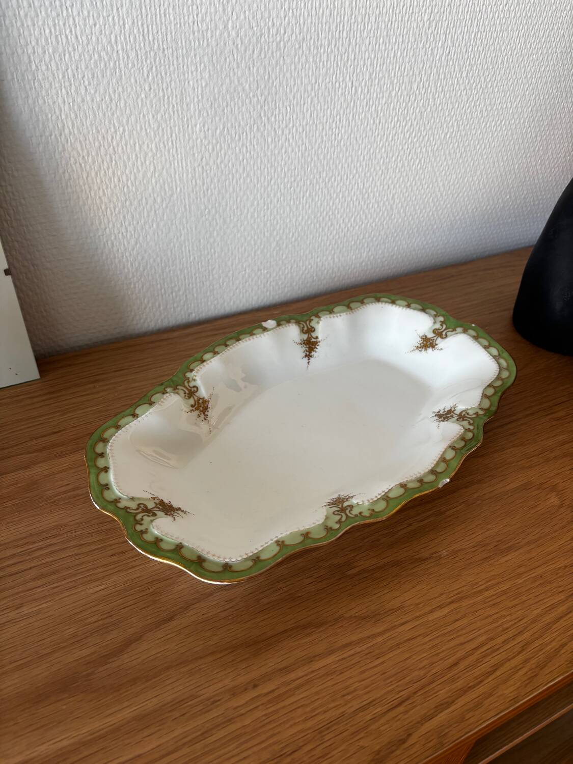 Vintage serving dish with green and gilt defects, Limoges porcelain
