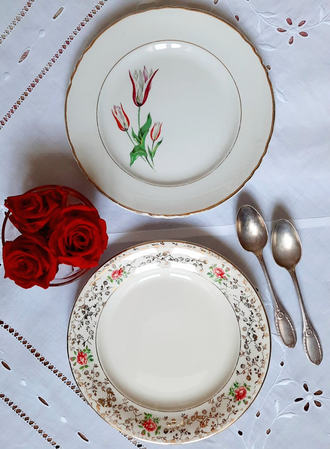 Antique dessert plates mismatched in earthenware with gilded edges