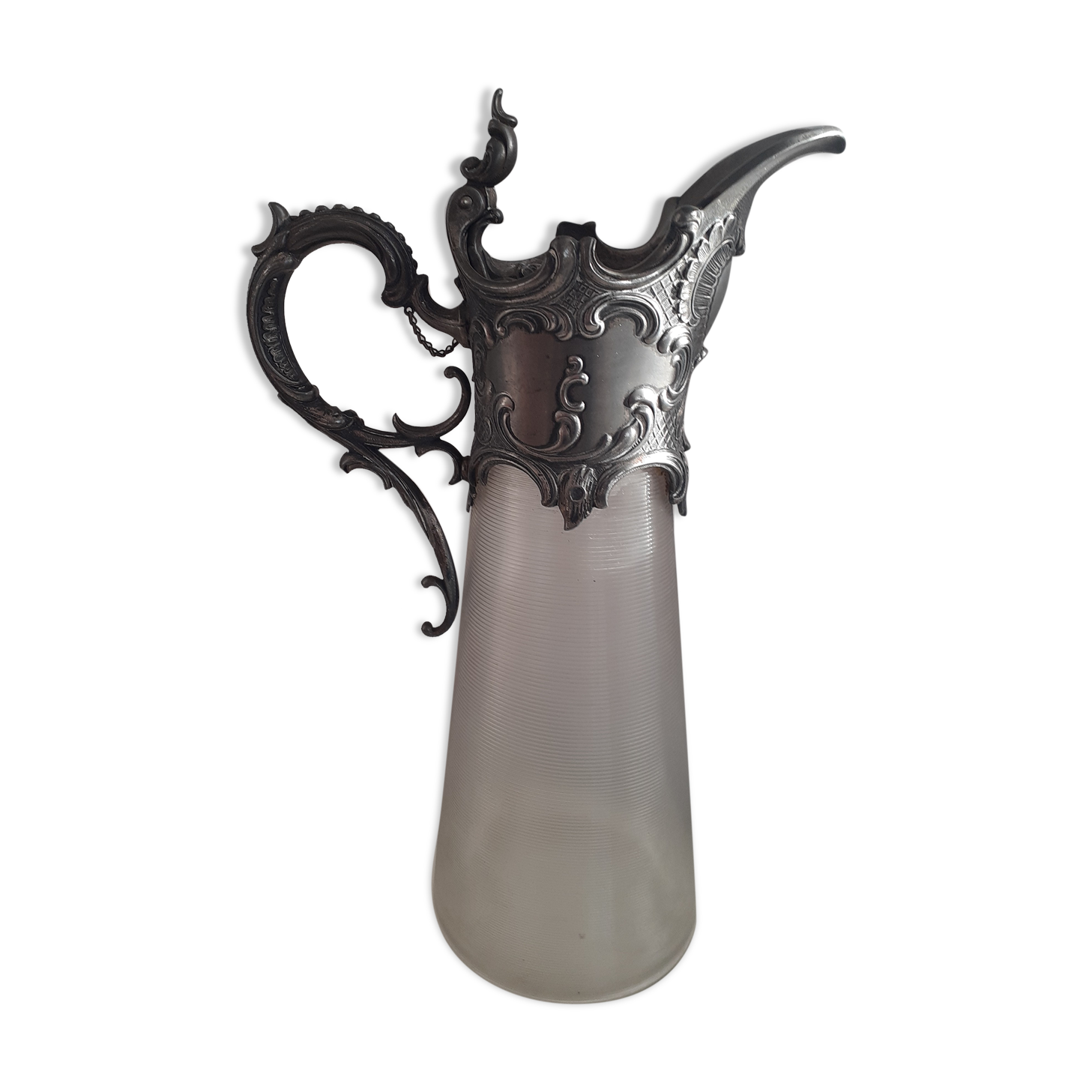 Aiguière ancienne en verre et étain