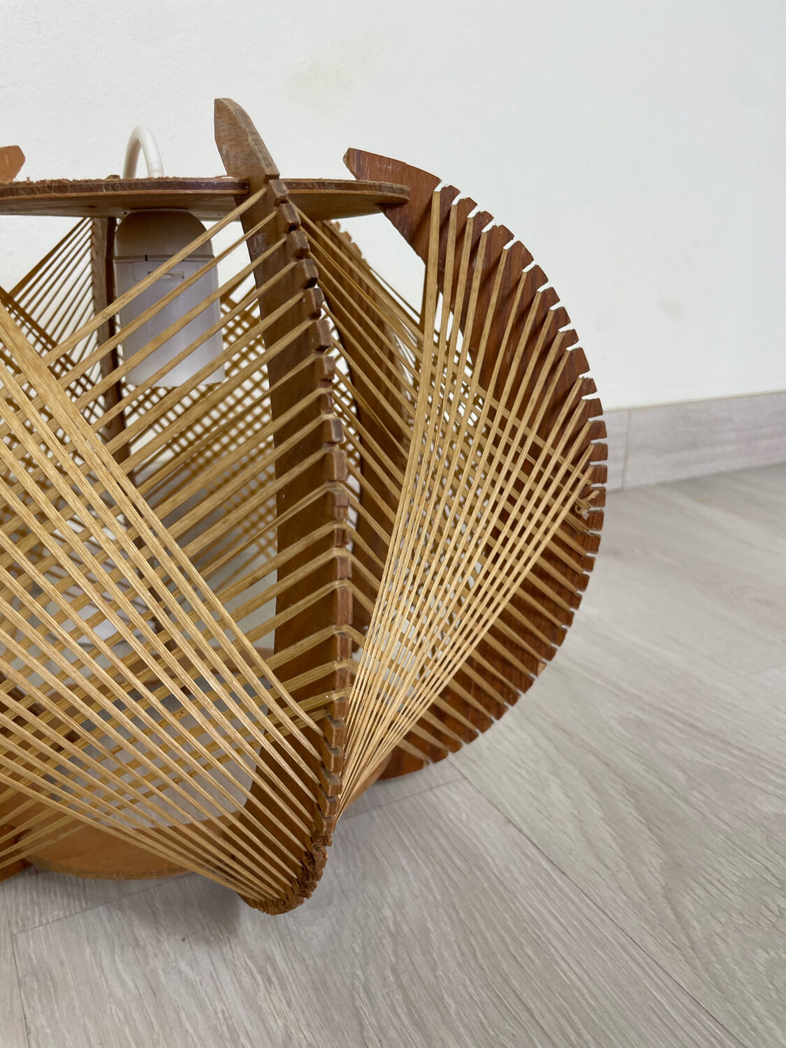 Pair of Scandinavian pendant lamps in wood and wires