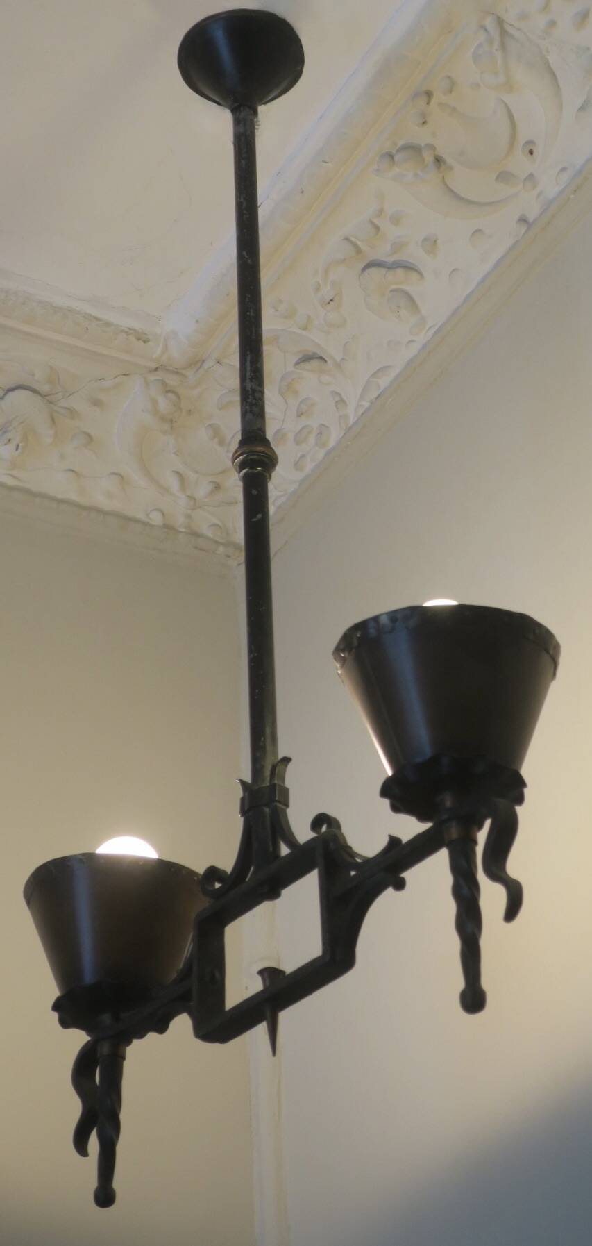 Brutalist wrought iron and copper 2-arm chandelier, 1960s