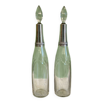 Belle paire de carafes vers 1910 en cristal et argent massif