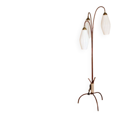 Lampadaire Lunel, 3 tulipes en verre blanc