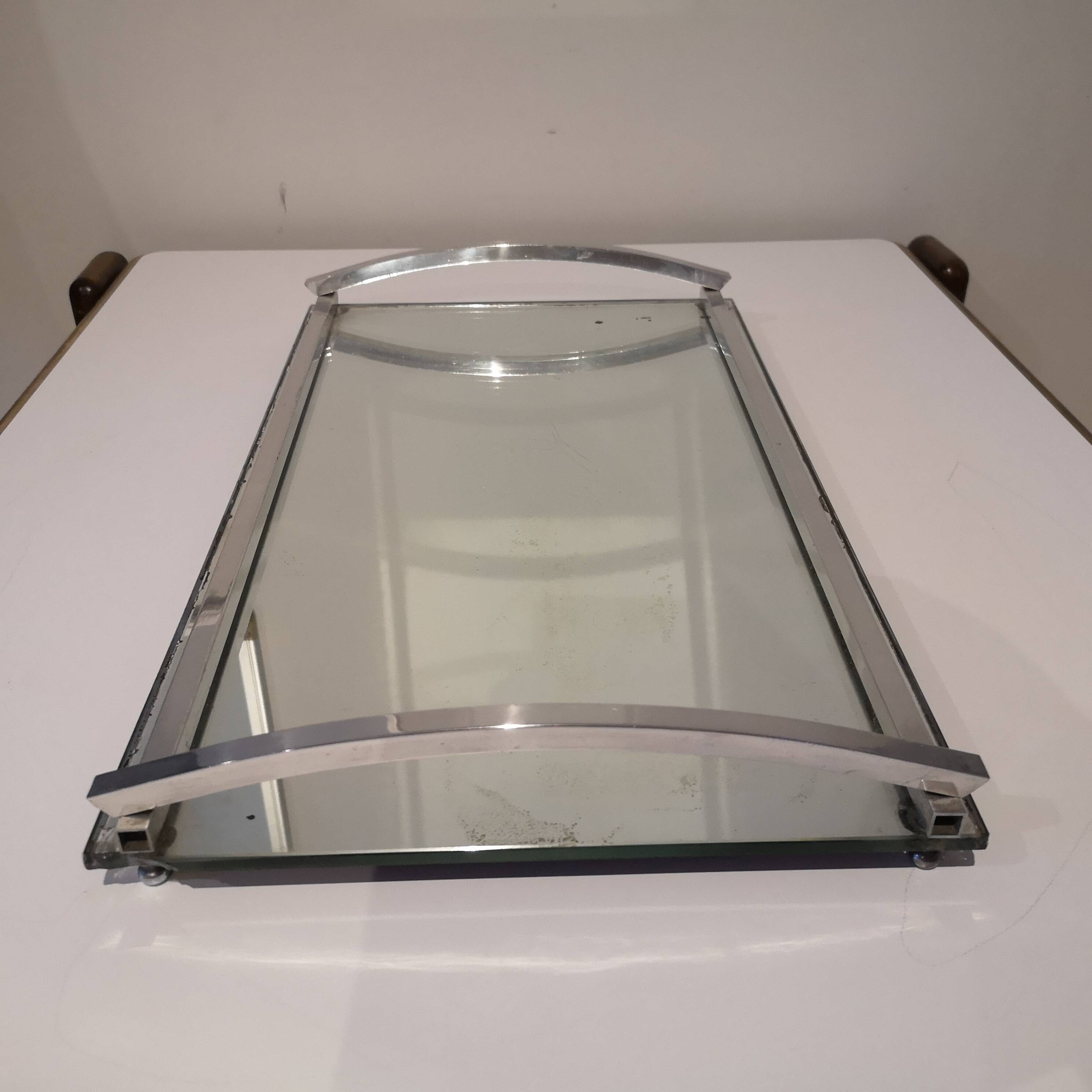 DLG Adnet Modernist Art Deco Glass and Chromed Brass Serving Tray