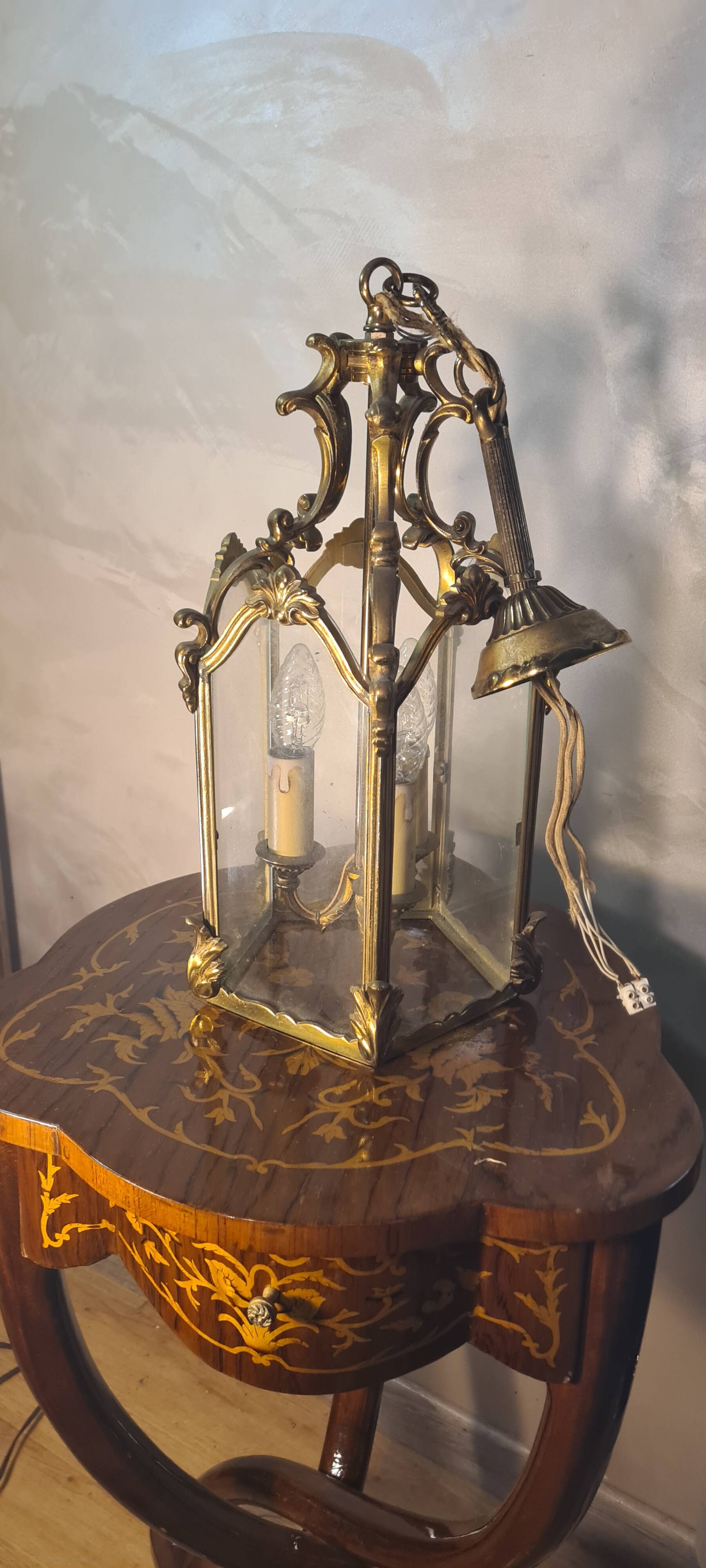 Suspension lanterne 3 feux bronze h40x20 avec fixation 60 cm bon etat