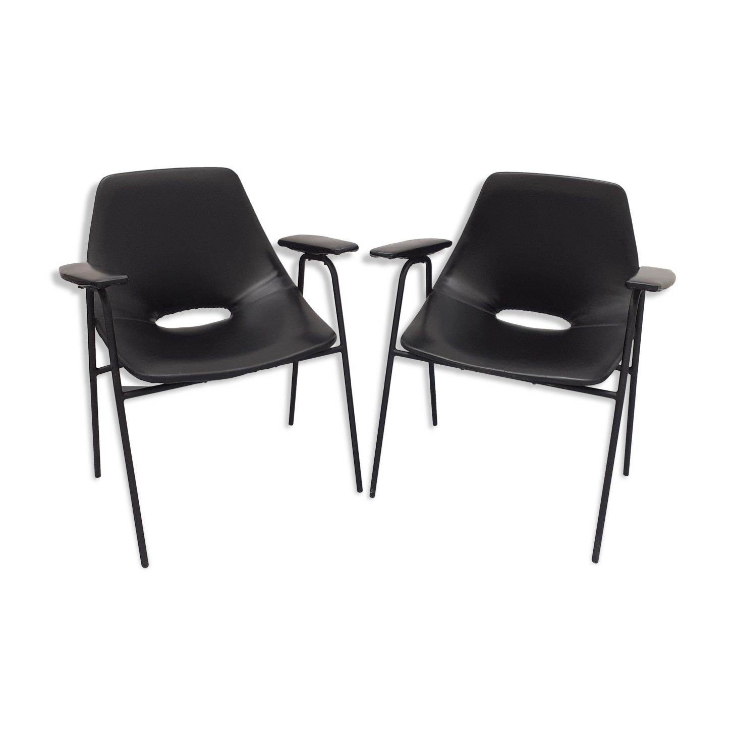 Pair of armchairs, Tonneau model, in black skai by Pierre Guariche, 60s