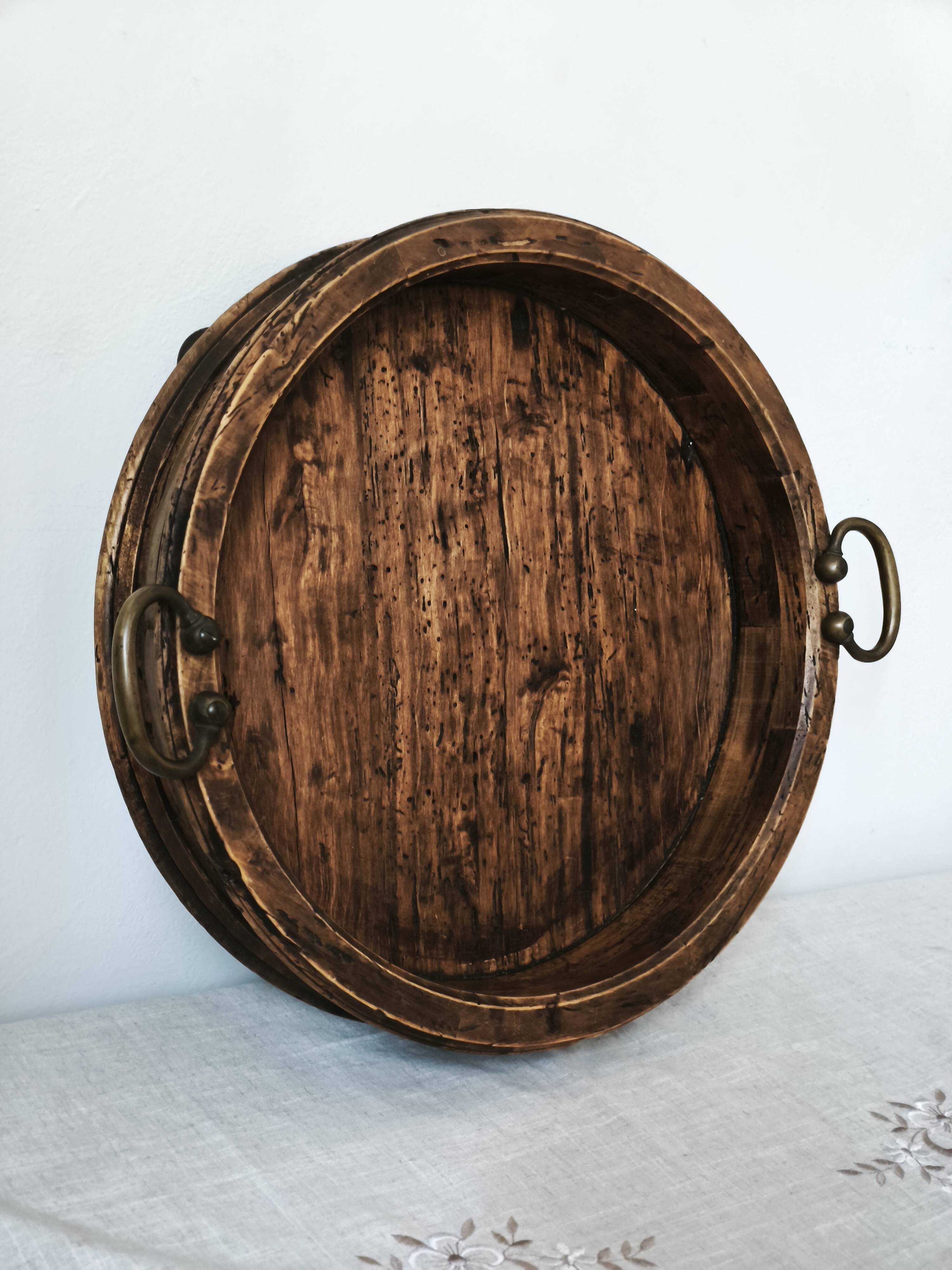 Large antique Italian wooden tray with brass handles.