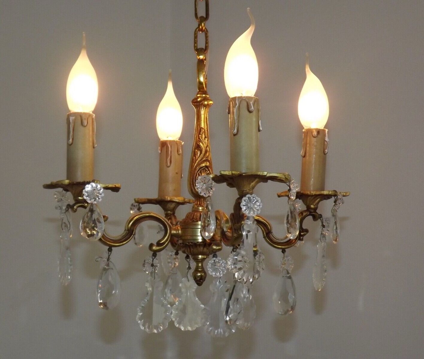 Vintage french brass 4 light chandelier assorted faceted crystal 4007