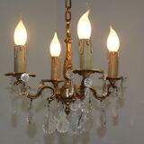 Vintage french brass 4 light chandelier assorted faceted crystal 4007
