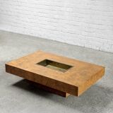 Table basse en bois de loupe avec bar en laiton par Jean Charles pour Maison Charles, 1970