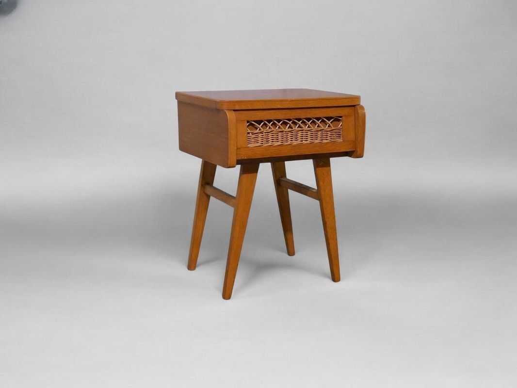 Rattan bedside table with tapered legs - Vintage 1950s 1960s