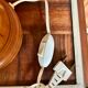 Turned wood base lamp with spun lampshade