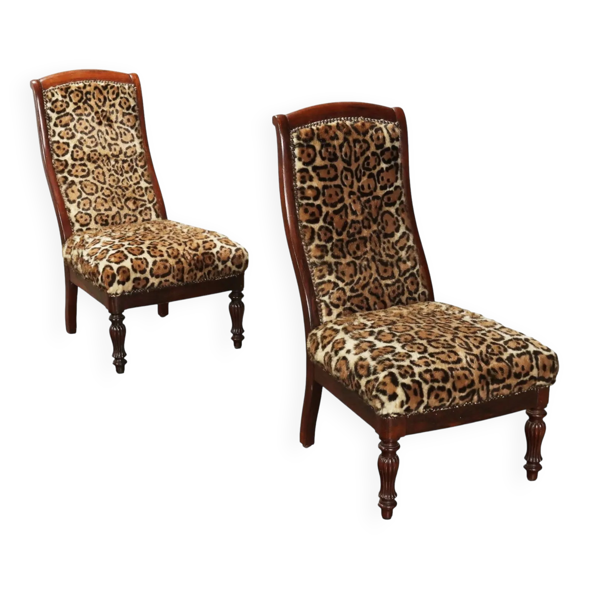 Pair of antique chairs in animal fabric, late 19th century