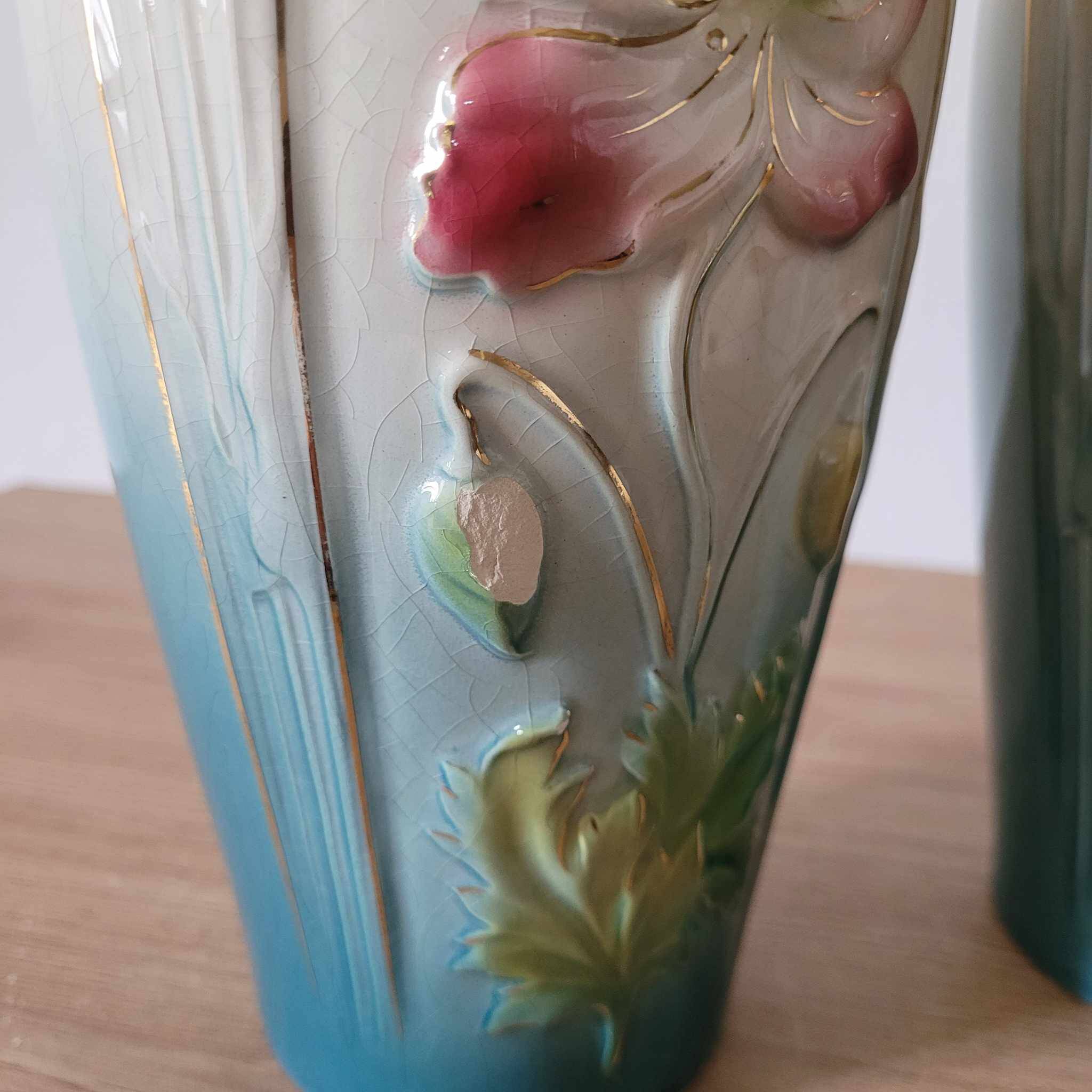 2 vases + Art Nouveau planter signed Gustave de Bruyn