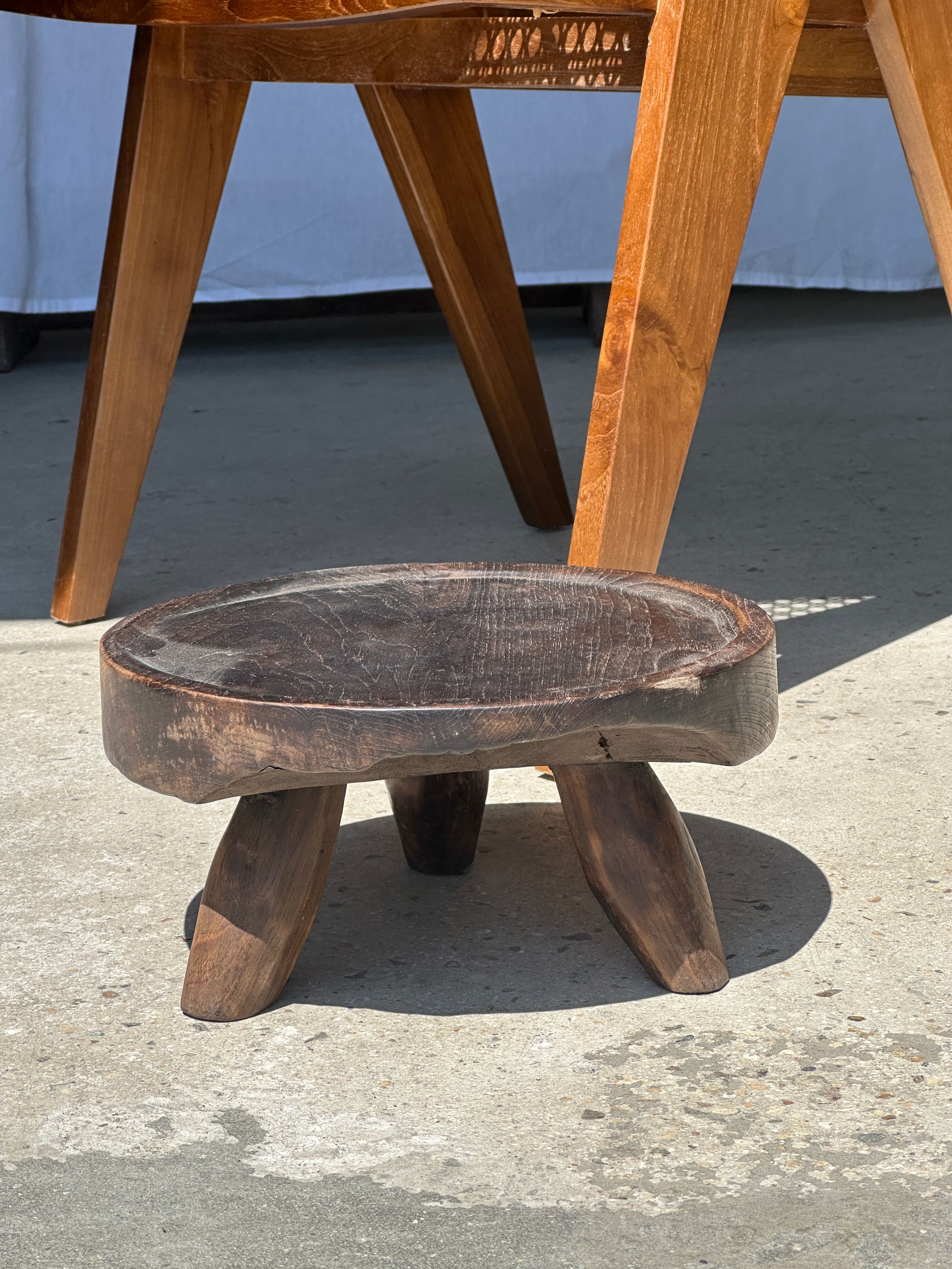 Small tripod stool low in dark brown upcycled teak