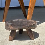 Small tripod stool low in dark brown upcycled teak